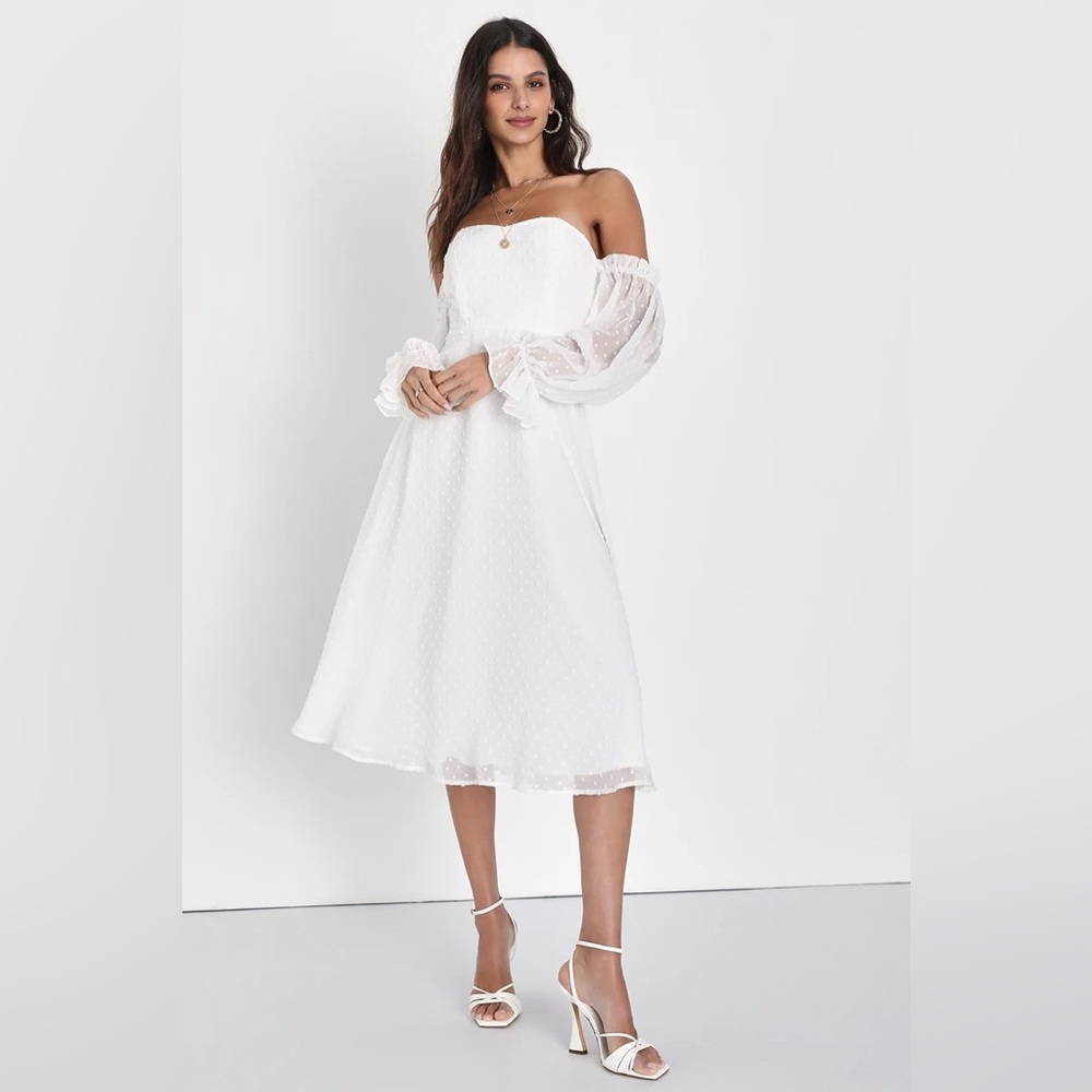 Lovely Angel White Swiss Dot Off-the-Shoulder Midi Dress from Lulus